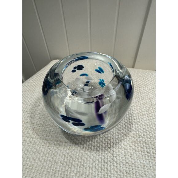 Hand Blown Glass Bowl Blue White Dots Signed Dated 3” Tall - Picture 6 of 8